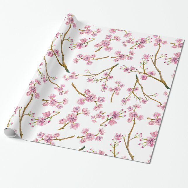 Pretty Pink Cherry Blossom Watercolor Pattern Wrapping Paper (Unrolled)
