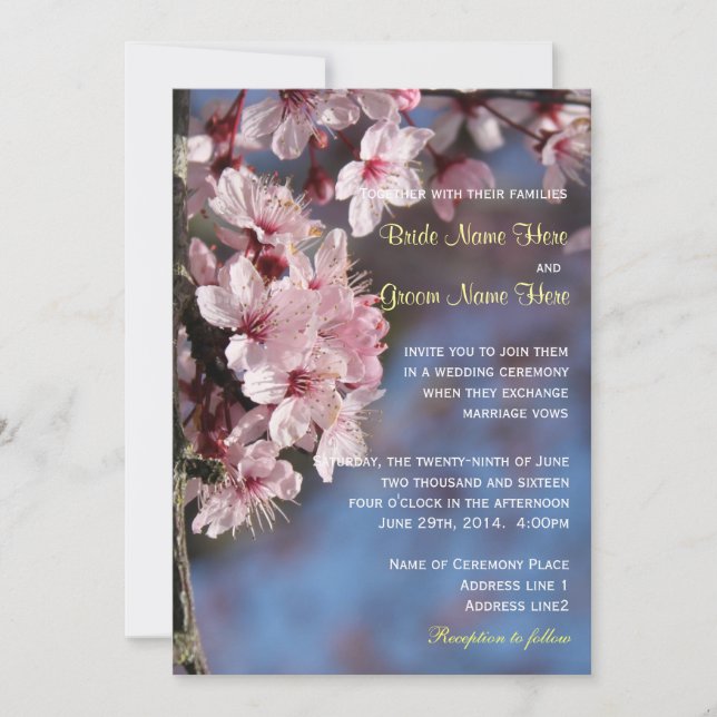Pretty pink cherry blossom wedding invitation (Front)