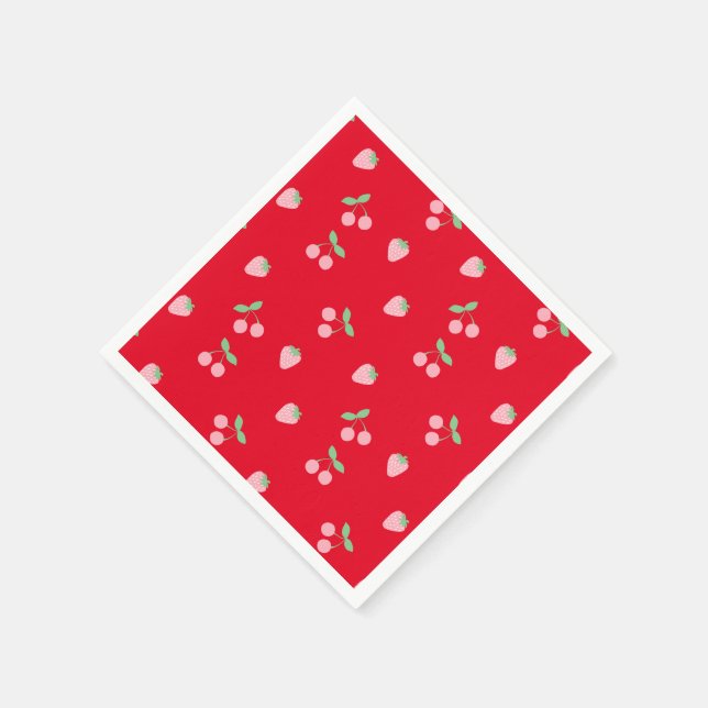 Pretty Pink Cherry Strawberry Fruit Pattern Red  Napkin (Corner)