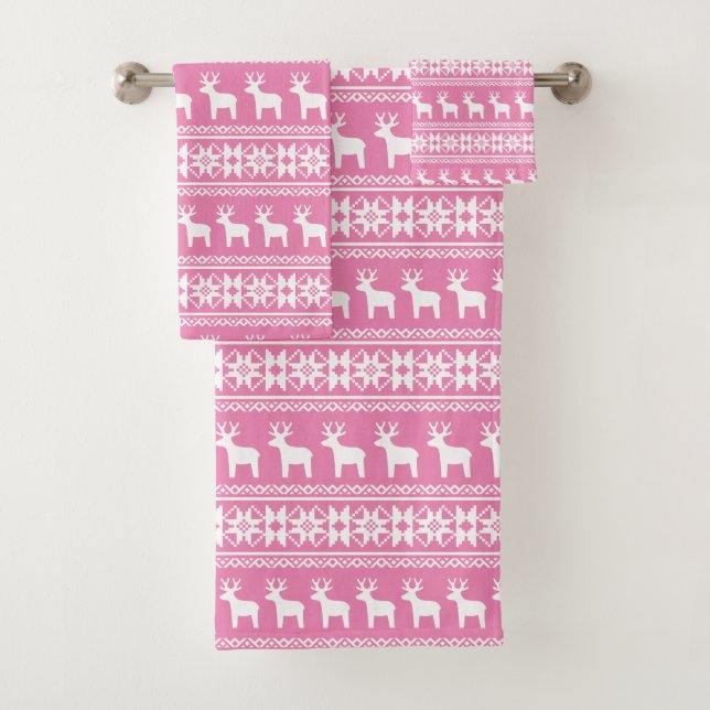 Pretty Pink Christmas Reindeer Snowflake Bath Towel Set (Insitu)
