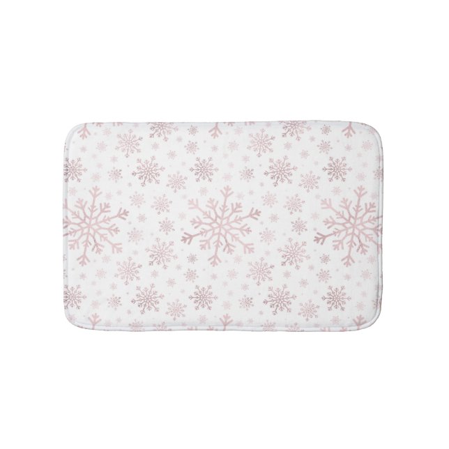 Pretty Pink Christmas Snowflakes on Winter White Bath Mat (Front)