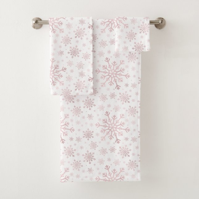 Pretty Pink Christmas Snowflakes on Winter White  Bath Towel Set (Insitu)