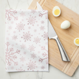 Pretty Pink Christmas Snowflakes on Winter White  Kitchen Towel