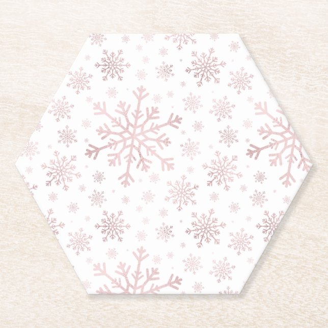 Pretty Pink Christmas Snowflakes on Winter White   Paper Coaster (Front)