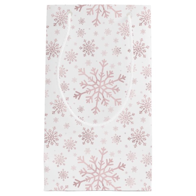 Pretty Pink Christmas Snowflakes on Winter White   Small Gift Bag (Front)
