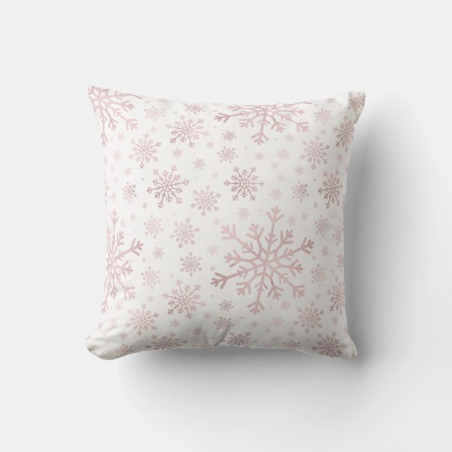 Pretty Pink Christmas Snowflakes on Winter White Throw Pillow (Front)