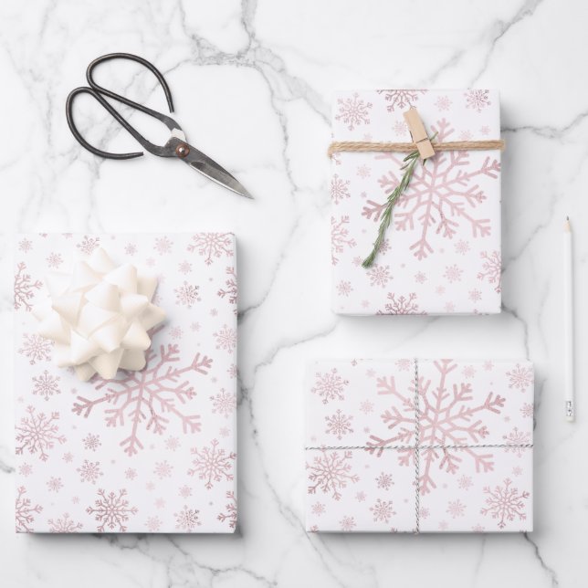 Pretty Pink Christmas Snowflakes on Winter White  Wrapping Paper Sheet (Front)