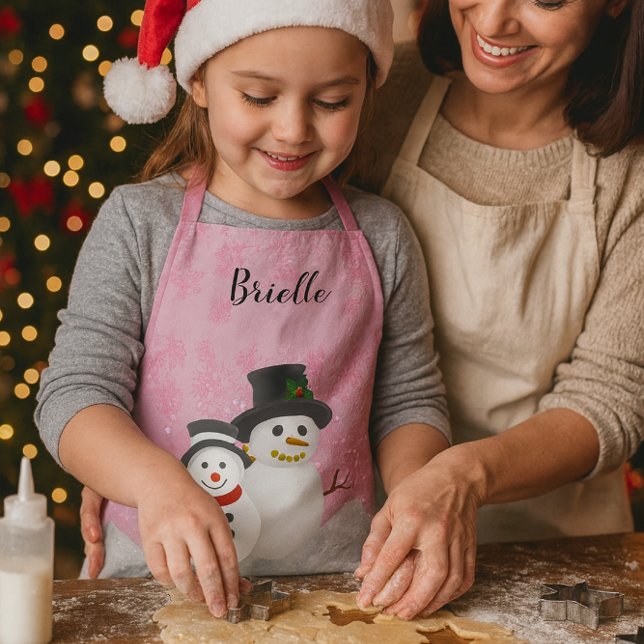 Pretty Pink Christmas Snowman Personalized Kids   Apron (Pink snowman apron for girls  custom name, festive baking, holiday fun with mom in the kitchen)