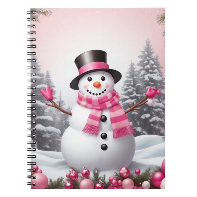 Pretty Pink Christmas Snowman Scene Notebook (Front)