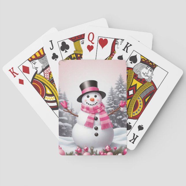 Pretty Pink Christmas Snowman Scene Playing Cards (Back)