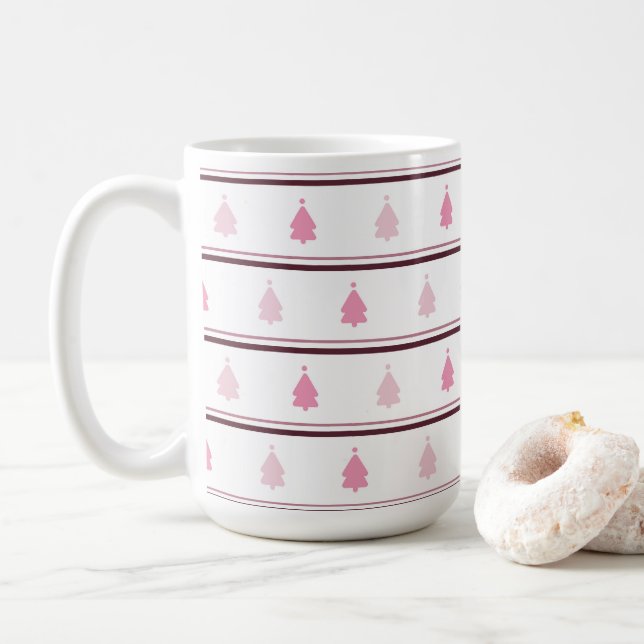 Pretty Pink Christmas Tree Seamless Pattern  Coffee Mug (With Donut)