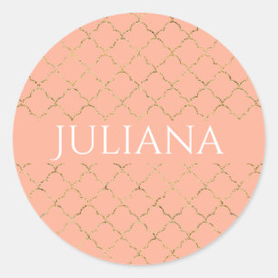 Pretty Pink Coral Gold Quatrefoil Personalized  Classic Round Sticker