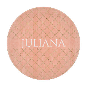 Pretty Pink Coral Gold Quatrefoil Personalized Cutting Board