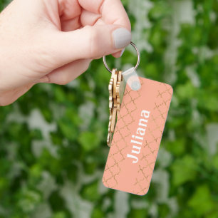 Pretty Pink Coral Gold Quatrefoil Personalized Keychain