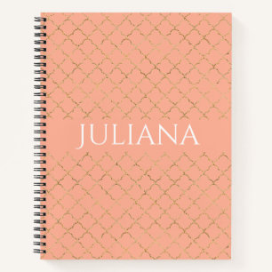 Pretty Pink Coral Gold Quatrefoil Personalized  Notebook
