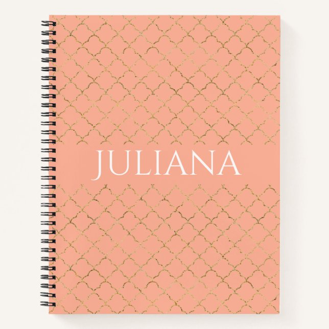 Pretty Pink Coral Gold Quatrefoil Personalized  Notebook (Front)