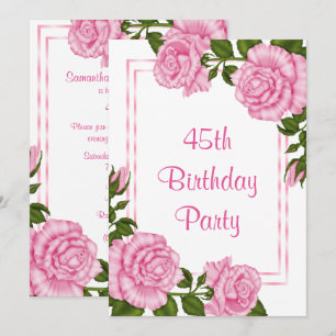 Pretty Pink Corner Bouquets 45th Birthday Invitation