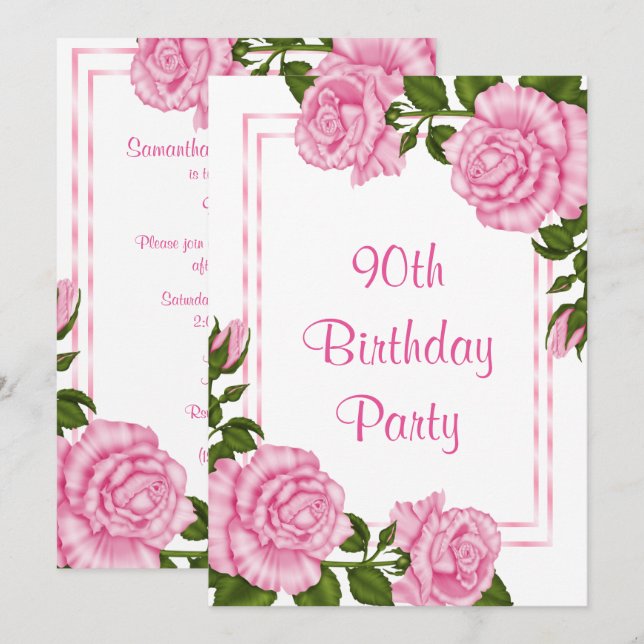Pretty Pink Corner Bouquets 90th Birthday Invitation (Front/Back)