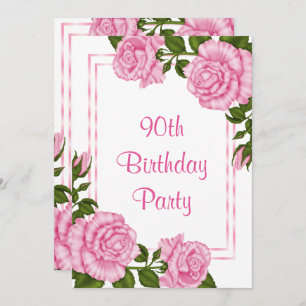 Pretty Pink Corner Bouquets 90th Birthday Invitation