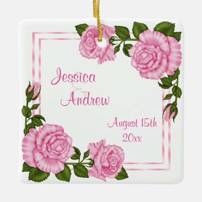 Pretty Pink Corner Bouquets Wedding Ceramic Ornament (Front)