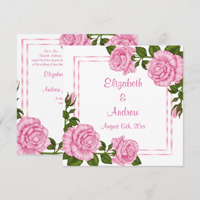 Pretty Pink Corner Bouquets Wedding Invitation (Front/Back)