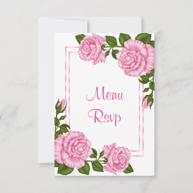Pretty Pink Corner Bouquets Wedding Menu RSVP (Front)