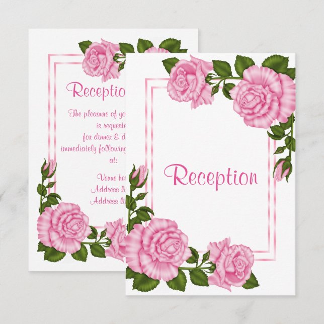 Pretty Pink Corner Bouquets Wedding Reception Invitation (Front/Back)