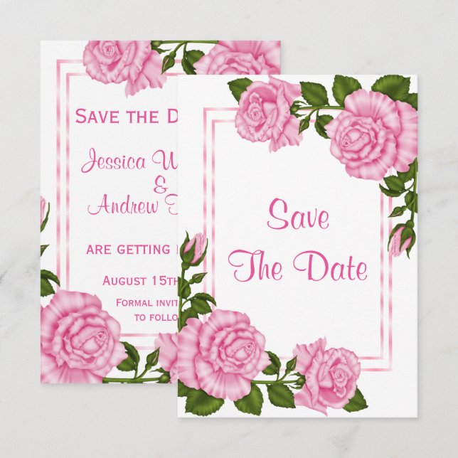 Pretty Pink Corner Bouquets Wedding Save The Date Invitation (Front/Back)