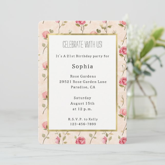 Pretty Pink Cream Roses Floral Birthday Invitation (Standing Front)