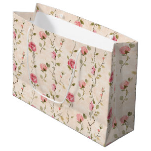 Pretty Pink Cream Roses Floral Bridal Shower Large Gift Bag