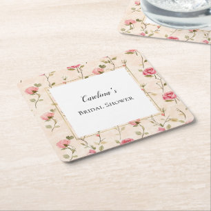Pretty Pink Cream Roses Floral Bridal Shower   Square Paper Coaster
