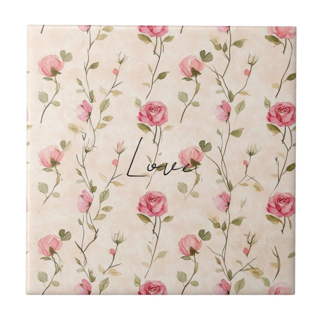 Pretty Pink Cream Roses Floral Bridal Shower Tile (Front)