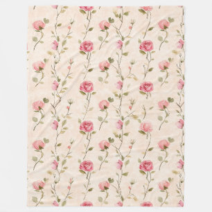 Pretty Pink Cream Roses Floral Fleece Blanket