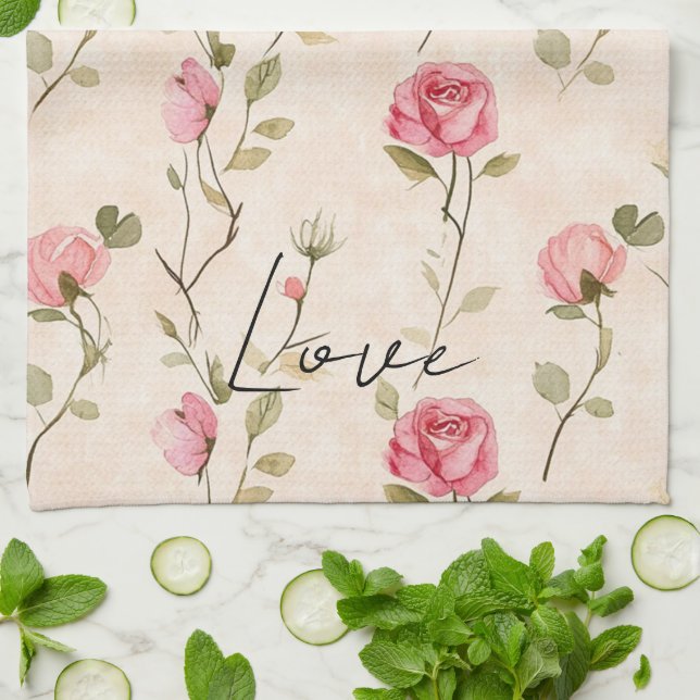 Pretty Pink Cream Roses Floral  Kitchen Towel (Folded)