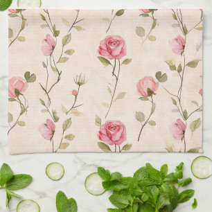 Pretty Pink Cream Roses Floral Kitchen Towel