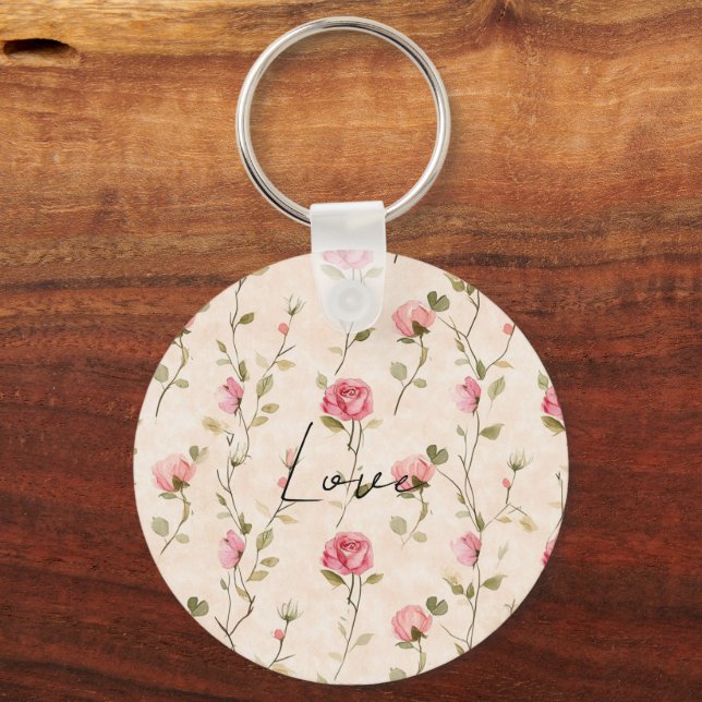 Pretty Pink Cream Roses Floral Love Keychain (Front)