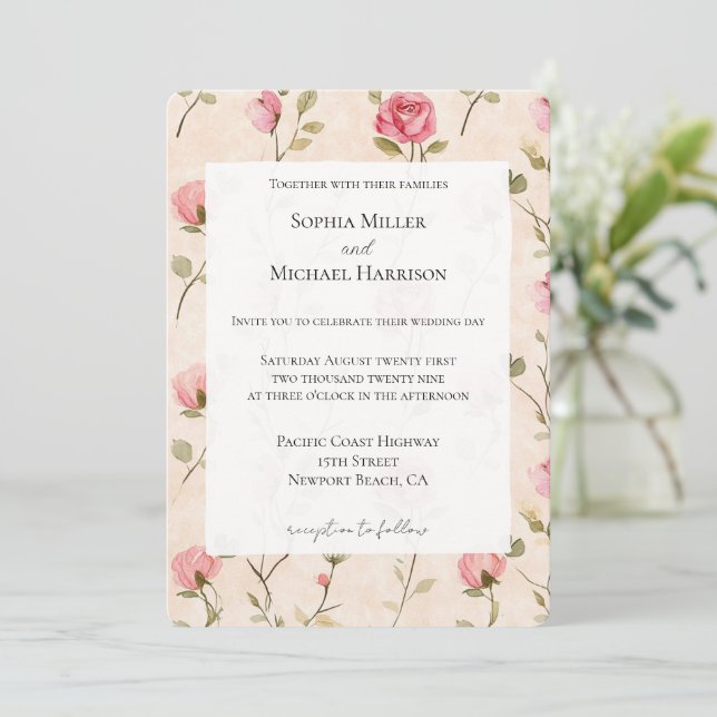 Pretty Pink Cream Roses Floral Wedding Invitation (Standing Front)