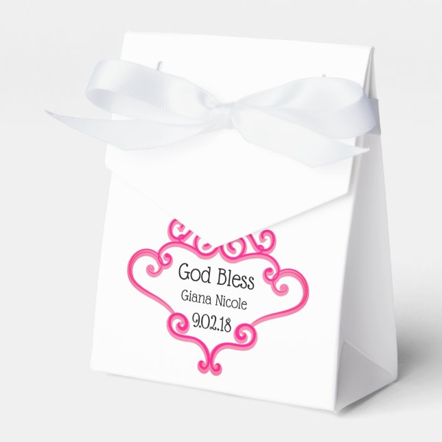Pretty Pink Cross and Scroll Customizable Baptism Favor Box (Front Side)