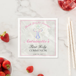 Pretty Pink Cross Girls First Communion Thank You  Napkin