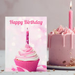Pretty Pink Cupcake Photo Custom Happy Birthday Postcard<br><div class="desc">Send sweet birthday wishes with this beautiful pink cupcake photo postcard. The cake photography features a cute dessert with a single candle underneath your personalized Happy Birthday script.</div>