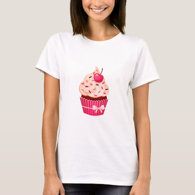 Pretty Pink Cupcake With Sprinkles And Cherry T-Shirt (Front)