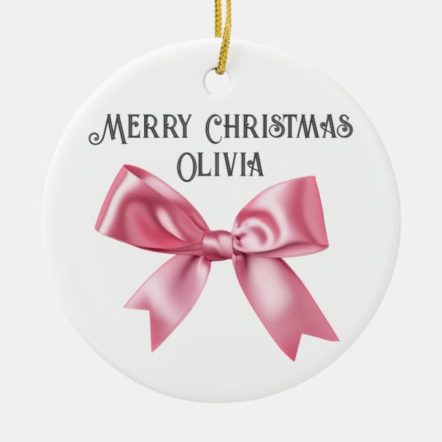 Pretty Pink Custom Coquette Bow Christmas Ceramic Ornament (Front)