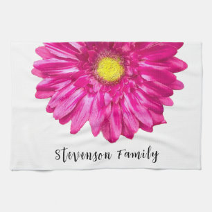 Pretty pink daisy flower custom name kitchen towel