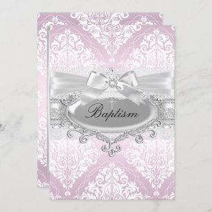 Pretty Pink Damask & Bow Baptism Invitation