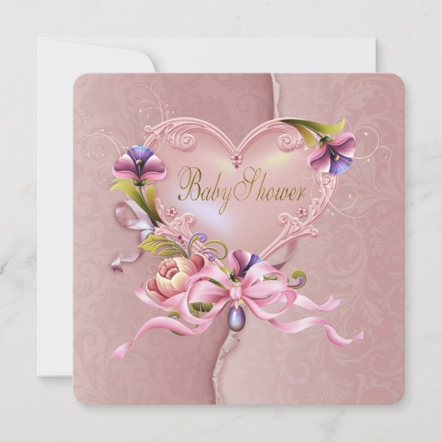 Pretty Pink Damask Heart Baby Shower Invitation (Front)