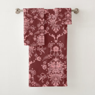 Pretty Pink Damask on Burgundy Bath Towel Set