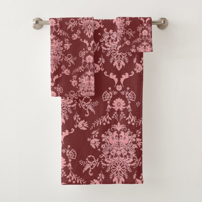 Pretty Pink Damask on Burgundy Bath Towel Set (Insitu)