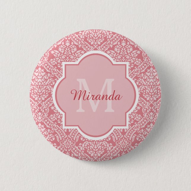 Pretty Pink Damask Pattern Monogram With Name 2 Inch Round Button (Front)