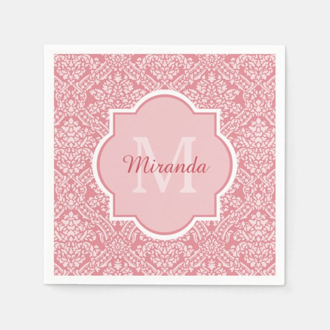 Pretty Pink Damask Pattern Monogram With Name Napkin (Front)