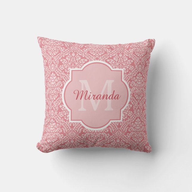 Pretty Pink Damask Pattern Monogram With Name Throw Pillow (Front)